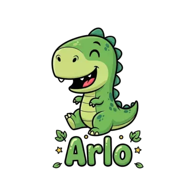 A super cute, friendly green cartoon dinosaur, smiling playfully, with the name 'Arlo' in a fun, bubbly font below it, surrounded by tiny jungle leaves and stars, vibrant colors, clean vector illustration style.
