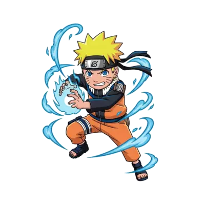 A bold and cool illustration of a young Naruto in a dynamic action pose, with vibrant orange and black colors, surrounded by swirling chakra energy, in a modern comic book art style.