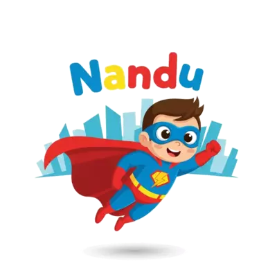 A cute cartoon superhero character, flying with a cape, with the name 'Nandu' subtly integrated into the background or on a small emblem, vibrant and playful style.