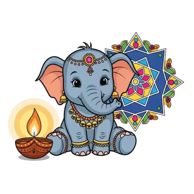 A charming cartoon baby elephant adorned with delicate traditional Indian jewelry, sitting beside a glowing diya and a colorful rangoli pattern, in a warm, festive style.