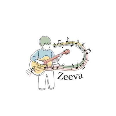 A minimalist line art illustration of a child playing a guitar, with musical notes gently swirling around, in a soft pastel color palette, with the name 'Zeeva' subtly integrated into the design, artistic and clean style.