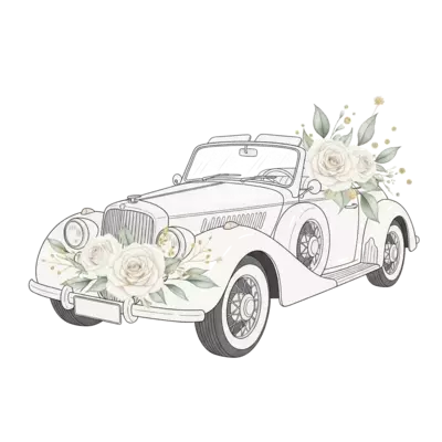 A charming vintage car illustration, like a classic convertible, adorned with delicate white roses and soft green leaves, with subtle gold accents. The illustration style is elegant watercolor and fine line art, with a clean, light background.