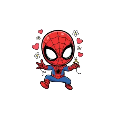 A super cute cartoon Spider-Man, with big friendly eyes, playfully holding a tiny wedding ring on a web string, surrounded by floating hearts and delicate white flowers, vibrant and cheerful style.