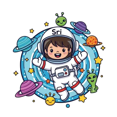 A cheerful cartoon astronaut girl, with 'Sri' on her helmet, floating happily in a vibrant galaxy with colorful planets, twinkling stars, and friendly aliens, in a playful, bright style.