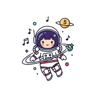 A minimalist illustration of a cute astronaut girl floating in space, surrounded by musical notes and stylized planets, with the number 5 subtly integrated, clean lines, modern design, soft color palette.
