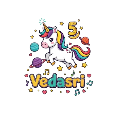 A cute cartoon unicorn with a sparkly horn and rainbow mane, floating among colorful planets and stars in a whimsical space scene. The number 5 is playfully integrated, and the name 'Vedasri' appears in a cheerful font, surrounded by musical notes and tiny hearts, vibrant and joyful style.