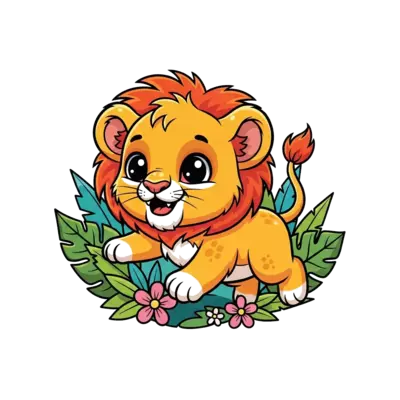 A cheerful, cute cartoon baby lion cub with big eyes, playfully pouncing amidst jungle leaves and flowers, bright and vibrant colors, kawaii style illustration, no text