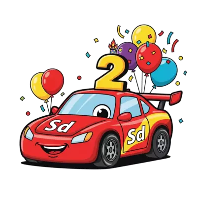A cheerful, cute red race car with the number '2' prominently displayed, and the name 'Sd' on its side, surrounded by colorful birthday balloons and confetti, in a vibrant cartoon style.
