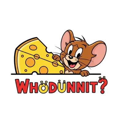 A cute and playful cartoon illustration of Jerry the mouse, peeking out from behind a giant slice of cheese with a mischievous grin, and the text 'Whodunnit?' playfully integrated into the scene, vibrant colors, clean lines, child-friendly style.