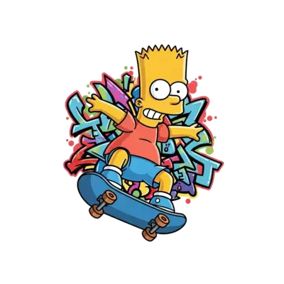 A playful illustration of Bart Simpson riding his skateboard, mid-air, with a mischievous grin. The background features colorful, abstract graffiti elements in a vibrant, cartoon style.