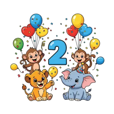 A group of adorable baby jungle animals – a cheerful lion cub, a playful monkey, and a sweet elephant calf – celebrating a birthday party. They are surrounded by colorful balloons, confetti, and a big, cute number "2". The style is vibrant and cartoonish, with soft edges and a joyful atmosphere.