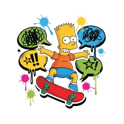 A vibrant cartoon illustration of Bart Simpson skateboarding with a mischievous grin, surrounded by colorful graffiti-style speech bubbles and splatters, in a playful, energetic style.