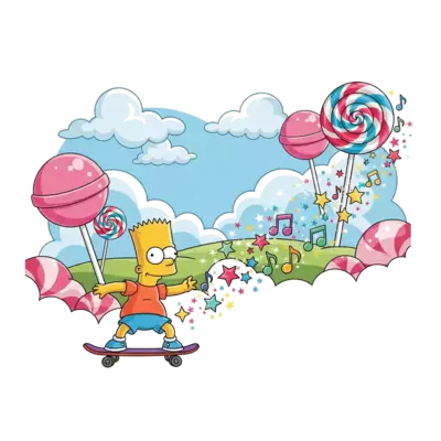 A whimsical illustration of Bart Simpson riding his skateboard, leaving a trail of colorful, sparkling stars and musical notes. The background is a dreamy landscape with candy-colored clouds and giant lollipops, in a playful cartoon style with soft, rounded edges.