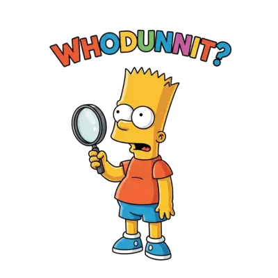 Bart Simpson saying "Whodunnit?" 
It should be printed in a colourful and playful style on a Navy Blue tshirt