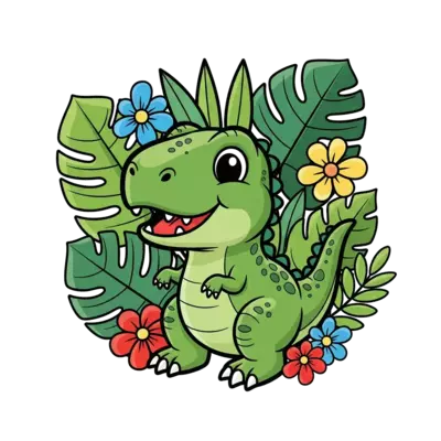 A super cute baby T-Rex, with big friendly eyes and a tiny roar, playing among oversized jungle leaves and flowers, in a vibrant cartoon style.