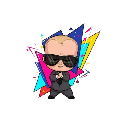 A bold and cool cartoon illustration of Boss Baby in a power pose, wearing stylish sunglasses, with a dynamic, graphic background of geometric shapes and vibrant, contrasting colors, sharp lines.