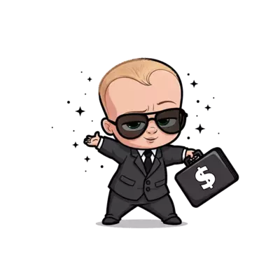 A cool and confident Boss Baby character, wearing his signature suit and tie, striking a playful pose with a briefcase, surrounded by a subtle aura of sparkle, in a vibrant cartoon style with bold outlines.