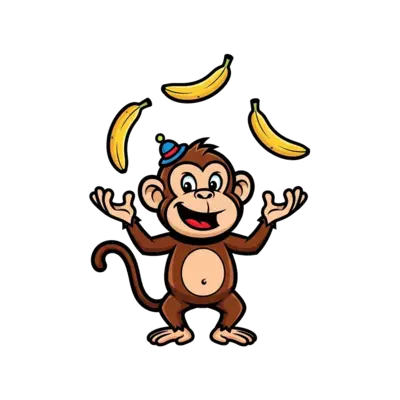 A mischievous cartoon monkey wearing a tiny hat, juggling three colorful bananas with a silly grin, vibrant and playful style.