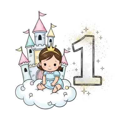 A charming illustration of a baby princess Tara, with a tiny crown, sitting gently on a plush cloud in front of a whimsical pastel castle, surrounded by sparkling fairy dust and the number '1', in a soft watercolor style.