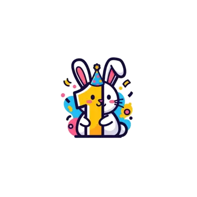 A stylized, bold graphic illustration of a cute rabbit wearing a tiny party hat, with the number '1' integrated creatively into the design, surrounded by abstract, colorful shapes and confetti, clean lines, modern art style.