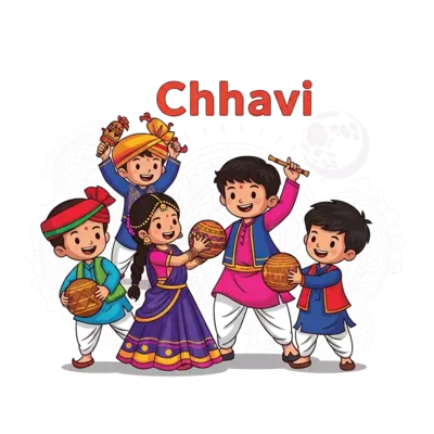 A vibrant cartoon illustration of Indian kids (boys and girls) happily playing Garba and Dandiya, dressed in colorful traditional outfits with a modern twist. The background features subtle traditional Navratri patterns and a moon, with the name 'Chhavi' integrated playfully into the design.