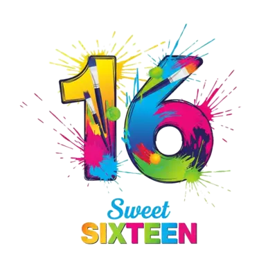 A vibrant, bold graphic illustration featuring an abstract art palette with paint splatters and brushes, forming the number '16', with 'Sweet Sixteen' text integrated stylishly, dynamic and colorful.