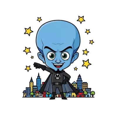 A super cute, chibi-style Megamind character with big, friendly eyes, striking a heroic pose, surrounded by sparkling stars and tiny, colorful city buildings in the background, vibrant cartoon style.