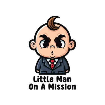 Boss baby with eyebrows raised and a caption "Little Man On A Mission" in a fun and playful style 