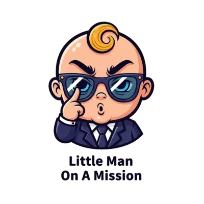 Boss baby with one eyebrow raised and a caption "Little Man On A Mission" in a fun and playful style 
