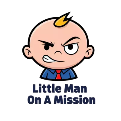 Boss baby character with one eyebrow raised, a sly smile, black eyes and a caption "Little Man On A Mission" written in dark blue font in a fun and playful font 