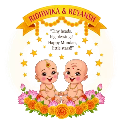 A vibrant illustration in a traditional Indian folk art style, depicting a joyful bald Indian baby girl (Ridhwika) and a bald Indian baby boy (Reyansh) sitting side-by-side, both with rosy cheeks and wide, happy smiles. They are encircled by a lush, intricate garland of bright marigold flowers and delicate lotus petals. Above them, a festive, flowing banner in warm tones displays 'RIDHWIKA & REYANSH' in a playful, golden script. Playful, golden stars twinkle around the babies, and nestled among them, the quote 'Tiny heads, big blessings! Happy Mundan, little stars!!' appears in a whimsical, starry font. The overall palette is rich with celebratory yellows, oranges, and fuchsia pinks, set against a soft, glowing background.