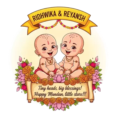 A vibrant illustration in a traditional Indian folk art style, featuring a joyful bald Indian baby girl (Ridhwika) and a bald Indian baby boy (Reyansh) sitting side-by-side, both with rosy cheeks and wide, happy smiles. They are lovingly framed by a lush, intricate garland of bright marigold flowers and delicate lotus petals. A graceful, unfurling scroll, subtly woven into the lower part of the garland, elegantly displays the quote 'Tiny heads, big blessings! Happy Mundan, little stars!!' in a flowing script. Above the babies, a festive banner in warm tones proudly presents 'RIDHWIKA & REYANSH' in a playful, golden script. The overall palette is rich with celebratory yellows, oranges, and fuchsia pinks, set against a soft, glowing background.