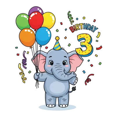 A charming cartoon baby elephant wearing a small birthday hat, holding a bunch of colorful balloons, with the number '3' prominently displayed, surrounded by confetti and streamers, in a vibrant, cheerful style.