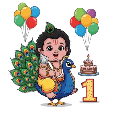 A super cute baby Murugar, with chubby cheeks and a tiny vel (spear), sitting happily on a fluffy, cartoon peacock. He's surrounded by colorful balloons and a '1' shaped cake, in a vibrant, playful cartoon style for a 1st birthday.