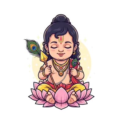 An adorable baby Murugan illustration, with soft features and a gentle smile, holding a tiny vel (spear) and peacock feather, sitting on a lotus flower, surrounded by subtle divine glow and soft pastel colors, in a cute cartoon style.