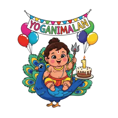 A super cute baby Murugar, with chubby cheeks and a tiny vel (spear), sitting happily on a fluffy, cartoon peacock. He's surrounded by colorful balloons, with the name 'Yoganimalan' playfully written across a festive banner above him, and a '1' shaped cake, all in a vibrant, playful cartoon style.