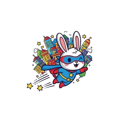 A cute cartoon rabbit dressed as a superhero, flying through a vibrant, playful city with star trails, in a bright and cheerful art style, suitable for kids.