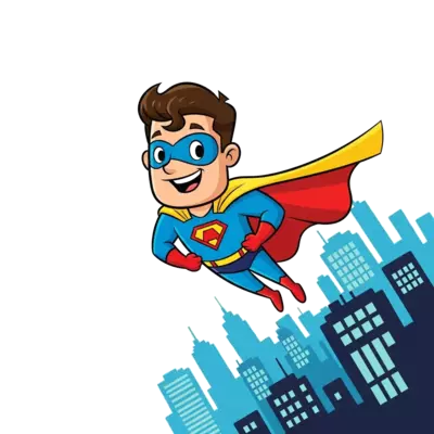 A cute cartoon superhero flying through a city skyline, with a big, friendly smile and a bright, colorful cape billowing in the wind, dynamic and cheerful style.