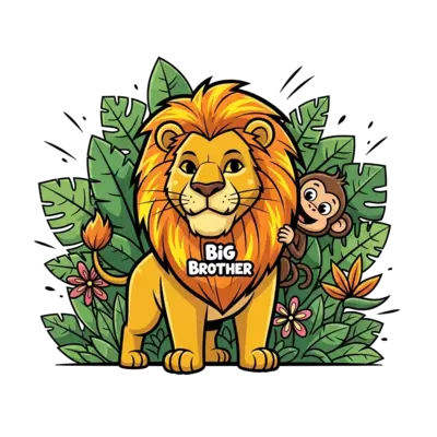 A bold and cool cartoon illustration of a confident lion standing proudly, with a playful baby monkey peeking out from behind him, in a vibrant jungle setting with green leaves and a hidden 'Big Brother' text integrated into the design, dynamic lines.