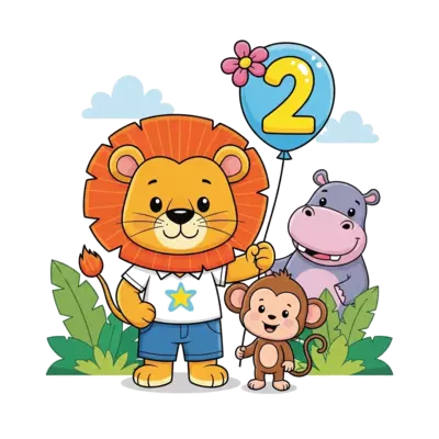 A cheerful, cute cartoon lion (symbolizing the older child) proudly standing next to a tiny, adorable baby monkey, with a friendly cartoon hippo smiling in the background. The number '2' is playfully integrated into the scene, perhaps on a balloon or a flower. Vibrant colors, soft edges, whimsical jungle setting.