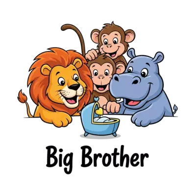 A charming cartoon illustration of a friendly lion, a playful monkey, and a cheerful hippo gathered together, all looking excitedly at a tiny, empty cradle or a 'baby on the way' sign, with 'Big Brother' text in a whimsical font.
