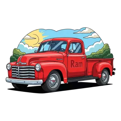 A detailed, realistic illustration of a classic vintage red truck with 'Ram' subtly painted on the side, parked in a scenic outdoor setting with a sunny sky, soft focus background, highly detailed rendering.