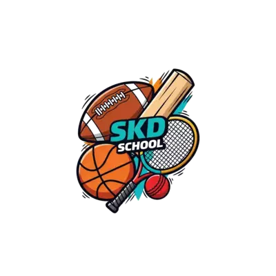 A dynamic illustration of various sports equipment (football, basketball, cricket bat, tennis racket) arranged in a cool, energetic collage, with 'SKD School' subtly integrated into the design, bold graphic style with vibrant colors and sharp lines.