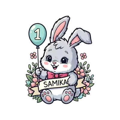 A super cute, fluffy baby bunny illustration, holding a tiny balloon with the number '1' on it, surrounded by soft pastel flowers and a banner subtly saying 'Samika', in a cheerful, whimsical cartoon style with soft colors.