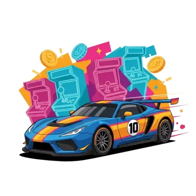 A dynamic cartoon race car, sleek and modern, with a bold number '10' on its side, speeding through a vibrant, pixelated gaming world. The background features retro arcade elements and neon lights, in a detailed vector art style.