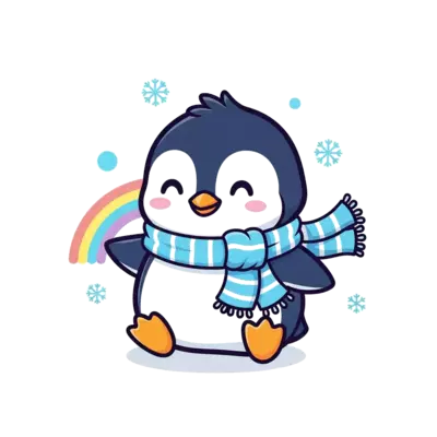 A super cute, chibi-style cartoon penguin waddling happily, surrounded by tiny snowflakes and a pastel rainbow, in a bright and friendly illustration.