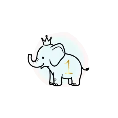 A single, elegantly simple line art illustration of a baby elephant wearing a tiny, delicate crown. The number '1' is subtly integrated into the design, perhaps as a negative space or a simple golden line. The background is clean and soft, with a hint of pastel watercolor.