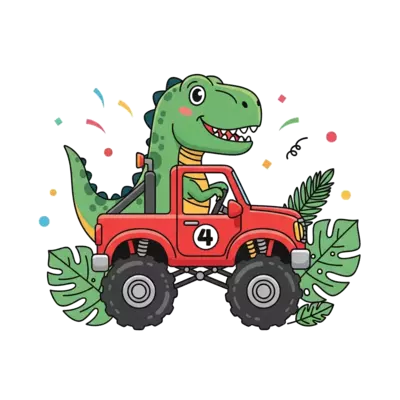 A cute cartoon T-Rex driving a bright red monster truck, with the number '4' on the truck's door, surrounded by playful jungle leaves and confetti, vibrant and cheerful style.
