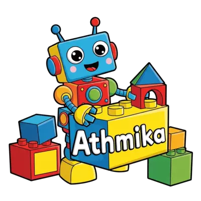 A very cute, friendly cartoon robot with big, expressive eyes, made of colorful geometric shapes, happily playing with oversized building blocks. The name "Athmika" is playfully integrated into one of the blocks. Vibrant colors and a cheerful, playful illustration style.