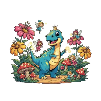 A whimsical scene with a friendly, brightly colored cartoon dinosaur wearing a tiny crown, playing with a group of cheerful fairies in a lush, vibrant fantasy garden, full of oversized flowers and glowing mushrooms, in a playful, vivid illustration style.
